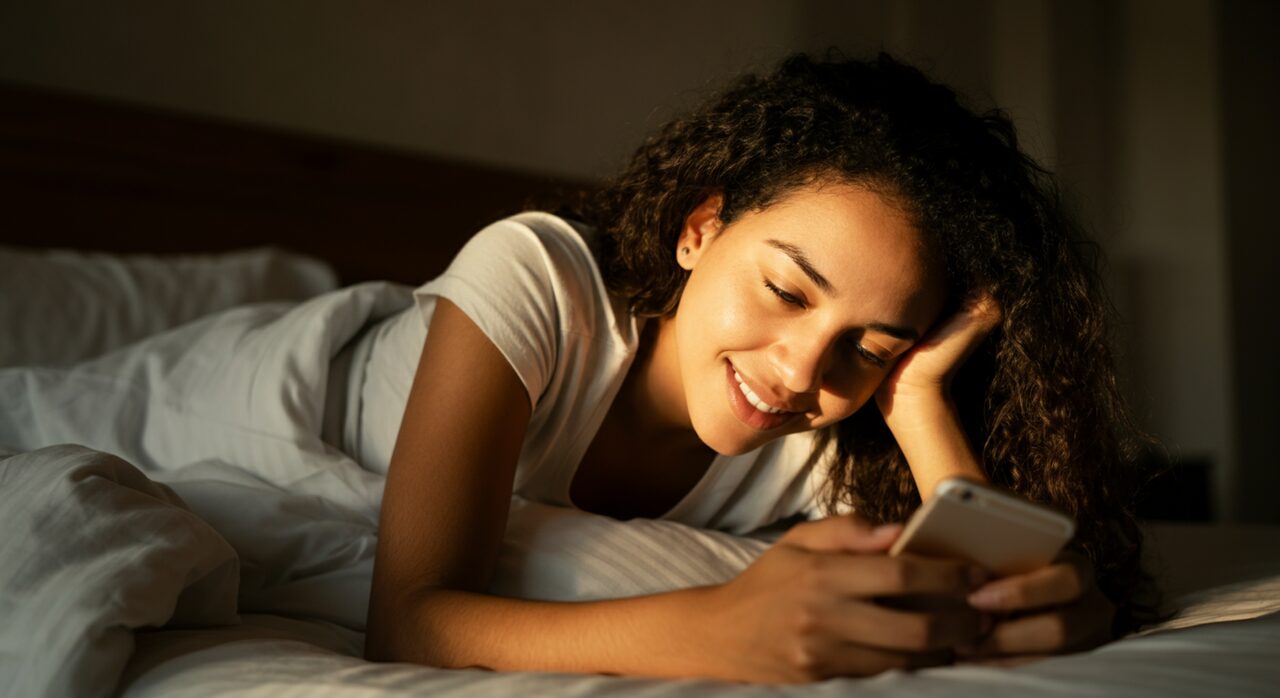 mulher lendo uma mensagem no celular, tranquila